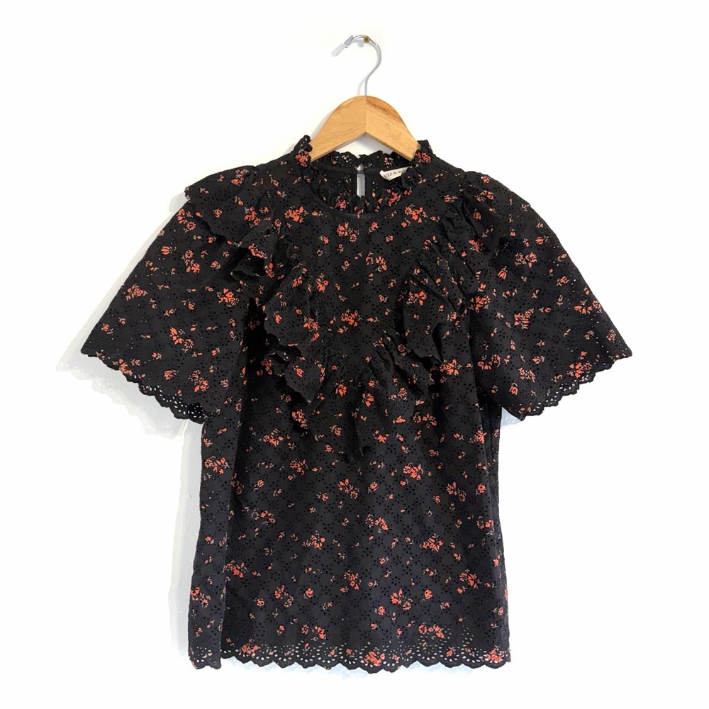 Ulla Johnson Choux Top Black floral ruffle eyelet blouse short sleeve - Picture 2 of 11